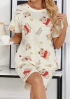 Krem Pamuklu Ayıcık Baskılı Şortlu Pijama Takımı