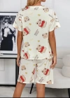 Krem Pamuklu Ayıcık Baskılı Şortlu Pijama Takımı