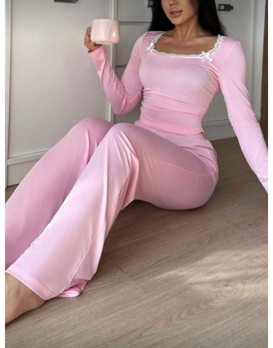 Pembe Dantelli Fiyonk Detaylı Uzun Pamuk Viskon Pijama Takımı
