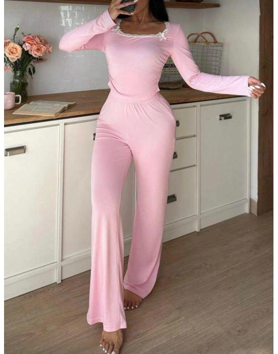 Pembe Dantelli Fiyonk Detaylı Uzun Pamuk Viskon Pijama Takımı