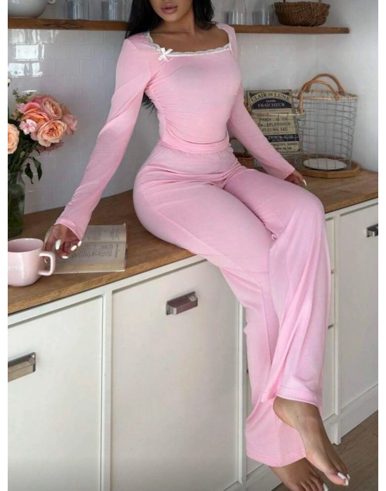 Pembe Dantelli Fiyonk Detaylı Uzun Pamuk Viskon Pijama Takımı