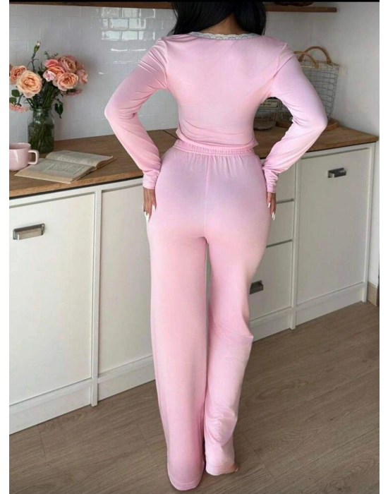 Pembe Dantelli Fiyonk Detaylı Uzun Pamuk Viskon Pijama Takımı