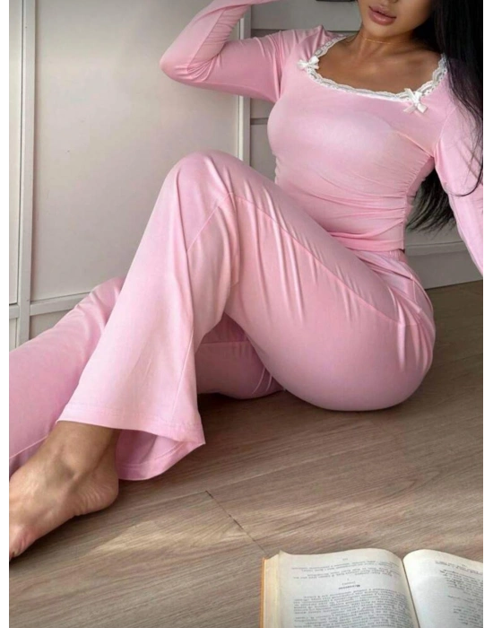 Pembe Dantelli Fiyonk Detaylı Uzun Pamuk Viskon Pijama Takımı