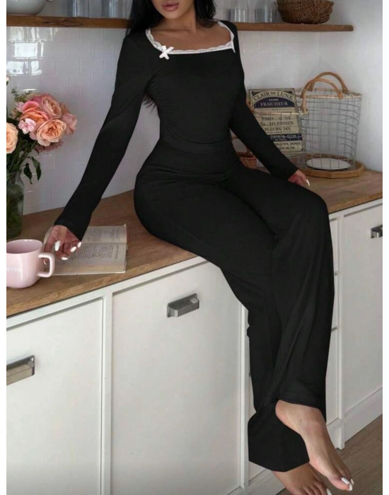 Siyah Dantelli Fiyonk Detaylı Uzun Pamuk Viskon Pijama Takımı