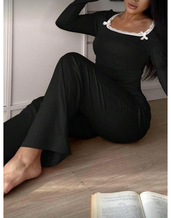 Siyah Dantelli Fiyonk Detaylı Uzun Pamuk Viskon Pijama Takımı