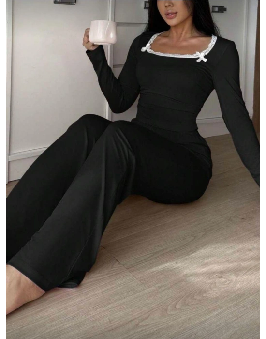 Siyah Dantelli Fiyonk Detaylı Uzun Pamuk Viskon Pijama Takımı