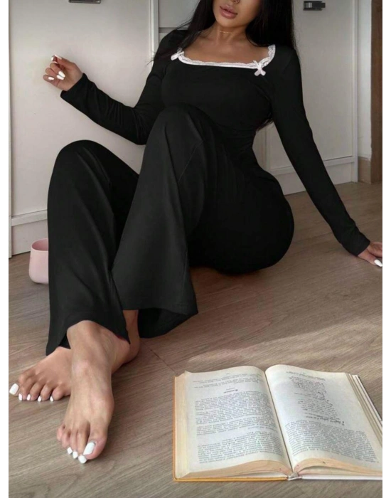 Siyah Dantelli Fiyonk Detaylı Uzun Pamuk Viskon Pijama Takımı