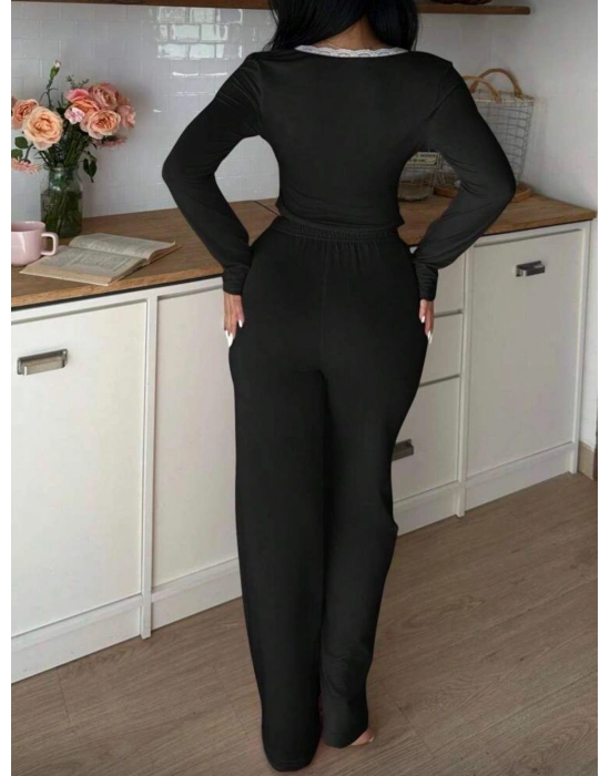 Siyah Dantelli Fiyonk Detaylı Uzun Pamuk Viskon Pijama Takımı