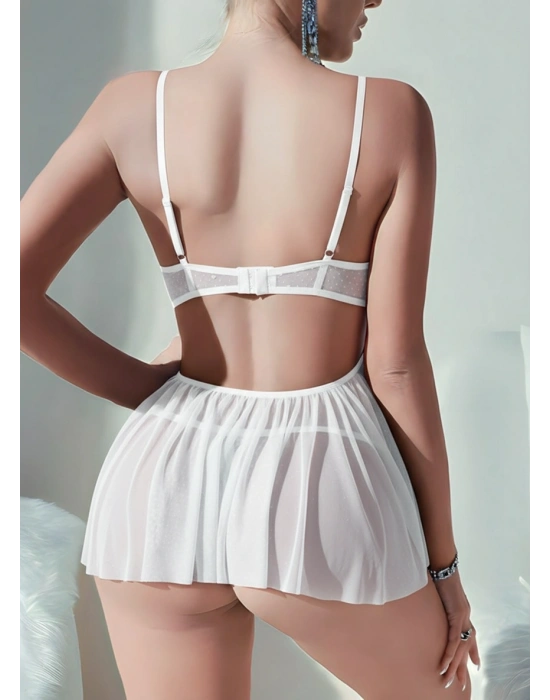 Beyaz Dantel Detaylı Puantiyeli Şık Gecelik Takımı Tanga Hediyeli