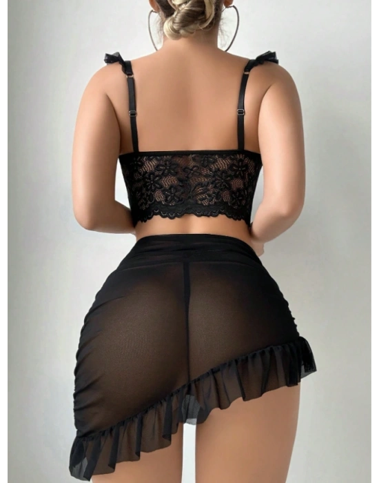 Blizard Kadın 3 Parça Siyah Dantel Detaylı Fırfırlı Gecelik Takımı Tanga Hediyeli