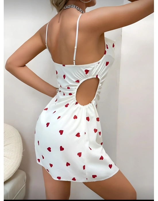 Beyaz Kalp Baskılı Bürümcük Gecelik Takımı Tanga Hediyeli