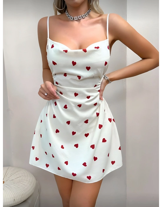 Beyaz Kalp Baskılı Bürümcük Gecelik Takımı Tanga Hediyeli