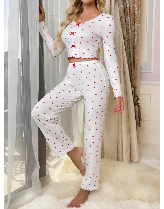 Beyaz Uzun Kollu Pamuklu Kalpli Fiyonklu Pijama Takım