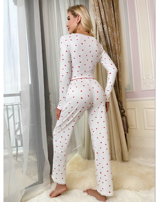 Beyaz Uzun Kollu Pamuklu Kalpli Fiyonklu Pijama Takım