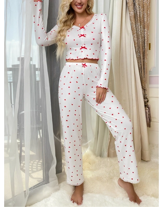 Beyaz Uzun Kollu Pamuklu Kalpli Fiyonklu Pijama Takım