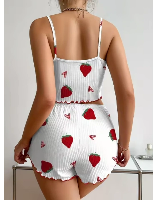 Kadın Ekru Pamuklu Çilek Desenli Şortlu Pijama Takımı