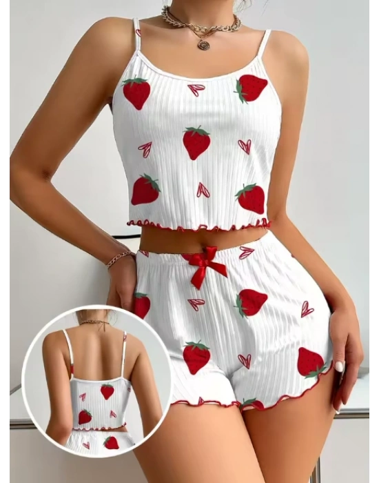 Kadın Ekru Pamuklu Çilek Desenli Şortlu Pijama Takımı