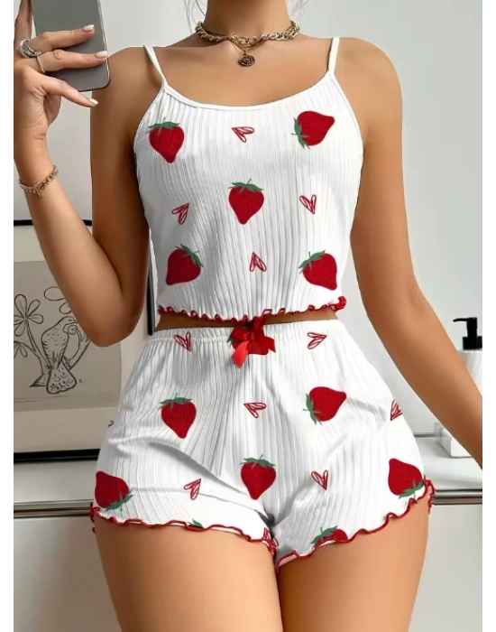 Kadın Ekru Pamuklu Çilek Desenli Şortlu Pijama Takımı