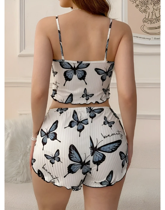 Kadın Kelebek Baskılı Fiyonk Detaylı Şortlu Pijama Takımı
