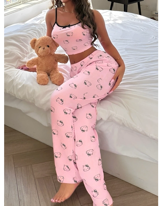 Kadın Pembe Kısa Kollu Fiyonk Detaylı Pijama Takımı