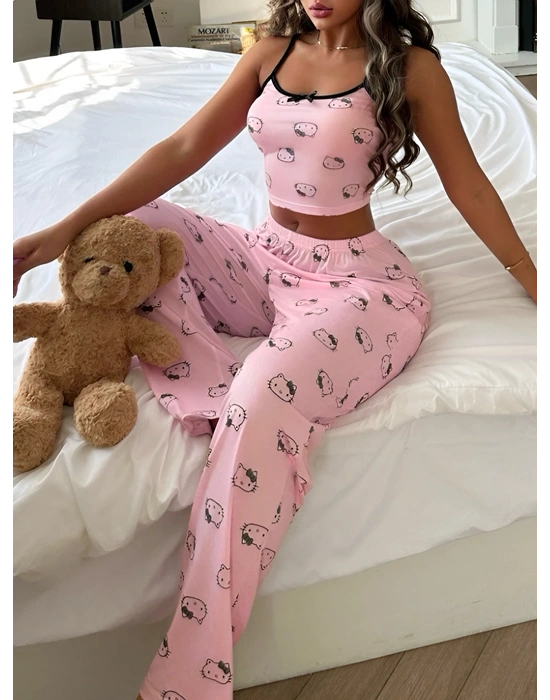 Kadın Pembe Kısa Kollu Fiyonk Detaylı Pijama Takımı