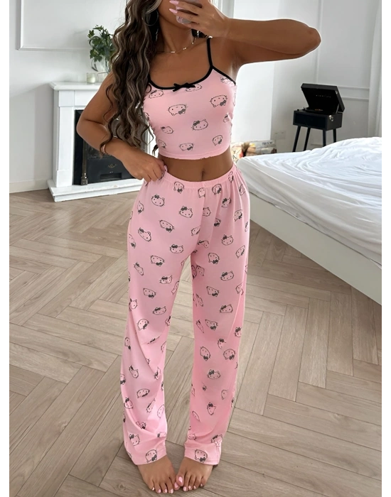 Kadın Pembe Kısa Kollu Fiyonk Detaylı Pijama Takımı