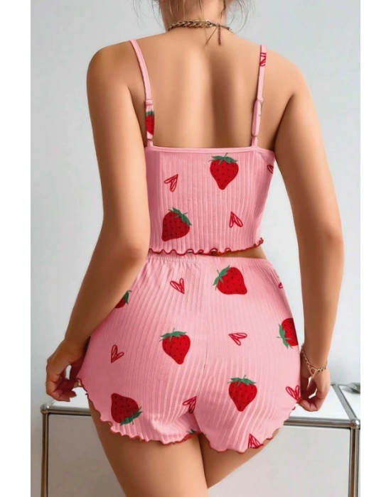Kadın Pembe Pamuklu Çilek Desenli Şortlu Pijama Takımı
