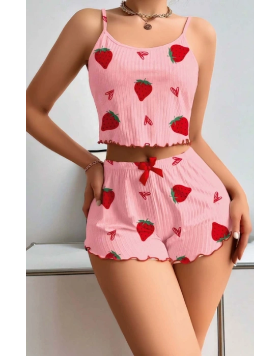 Kadın Pembe Pamuklu Çilek Desenli Şortlu Pijama Takımı
