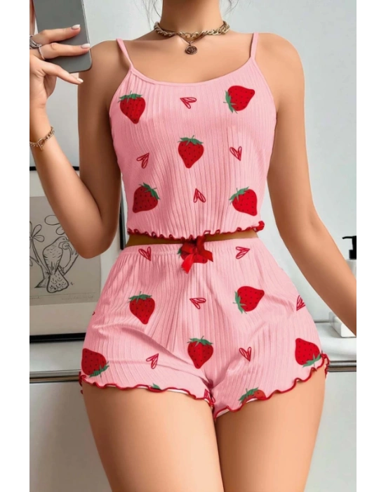 Kadın Pembe Pamuklu Çilek Desenli Şortlu Pijama Takımı