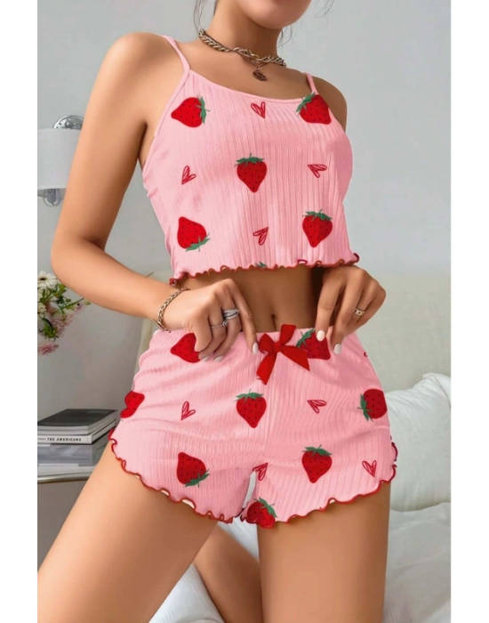 Kadın Pembe Pamuklu Çilek Desenli Şortlu Pijama Takımı
