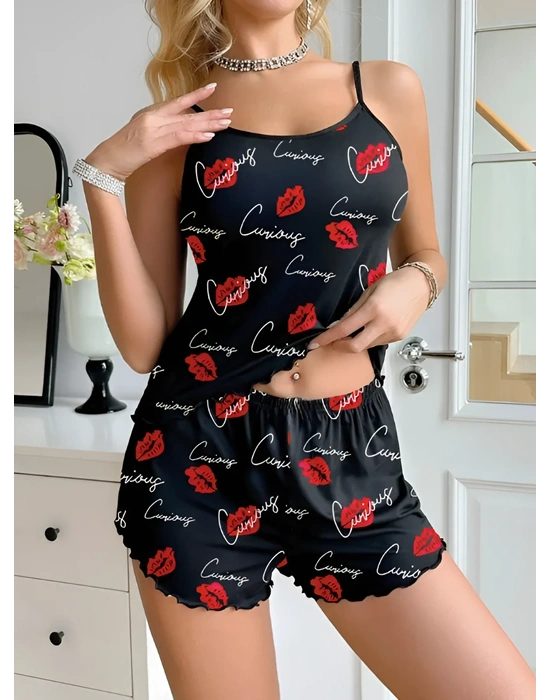 Kadın Siyah Öpücük Desenli Şortlu Pijama Takımı