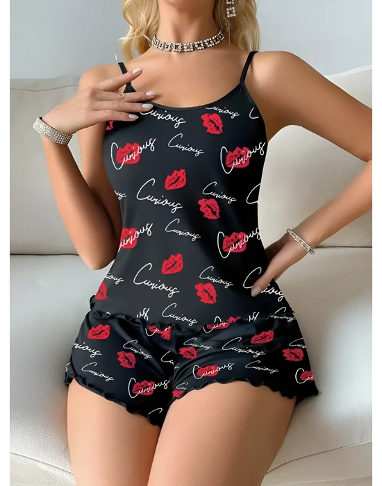 Kadın Siyah Öpücük Desenli Şortlu Pijama Takımı
