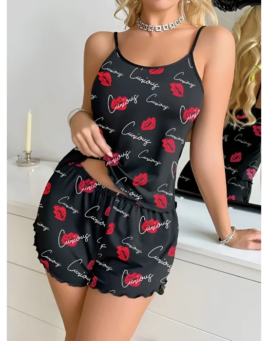Kadın Siyah Öpücük Desenli Şortlu Pijama Takımı