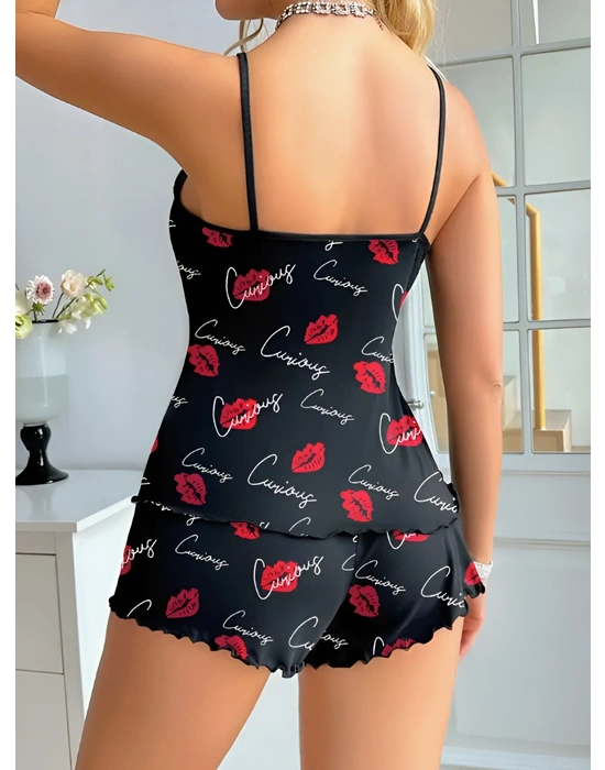 Kadın Siyah Öpücük Desenli Şortlu Pijama Takımı