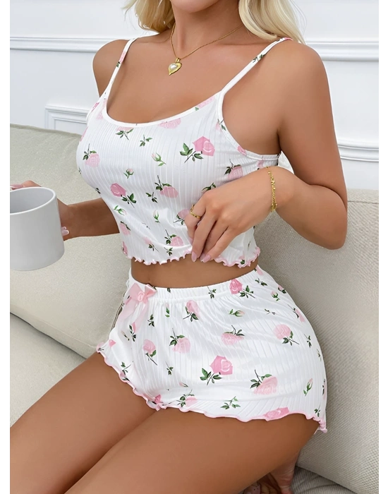 Kadın Süt Beyaz Gül Desenli Şortlu Pijama Takımı