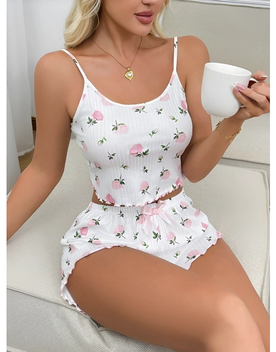 Kadın Süt Beyaz Gül Desenli Şortlu Pijama Takımı