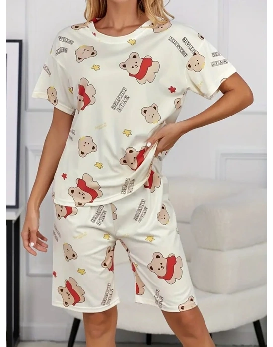Krem Pamuklu Ayıcık Baskılı Şortlu Pijama Takımı