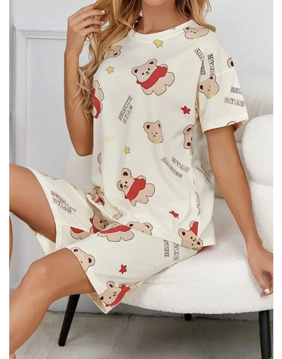 Krem Pamuklu Ayıcık Baskılı Şortlu Pijama Takımı