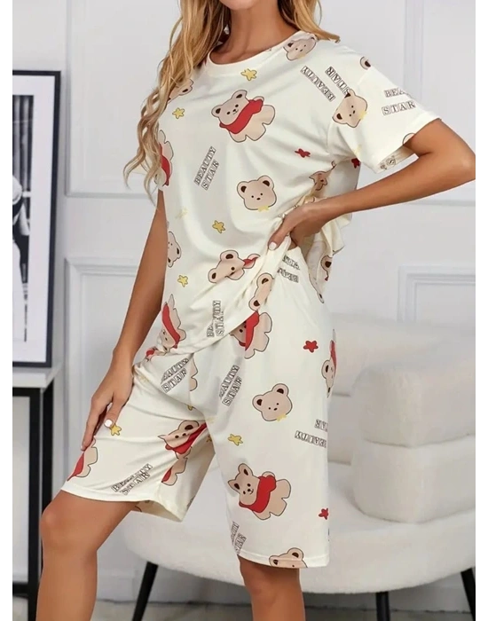 Krem Pamuklu Ayıcık Baskılı Şortlu Pijama Takımı