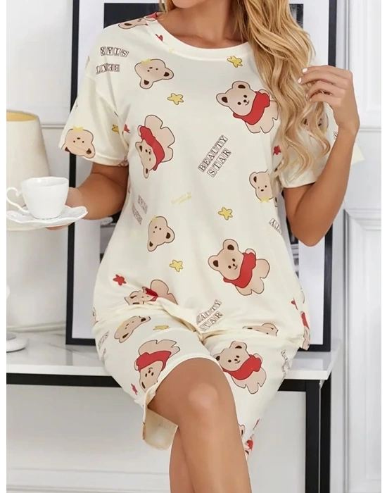Krem Pamuklu Ayıcık Baskılı Şortlu Pijama Takımı