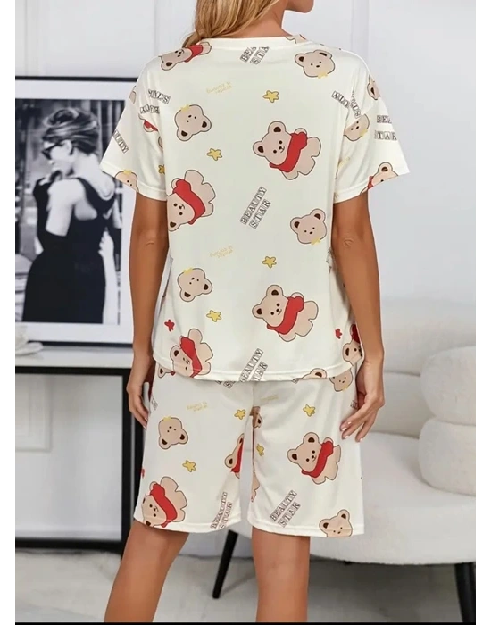 Krem Pamuklu Ayıcık Baskılı Şortlu Pijama Takımı