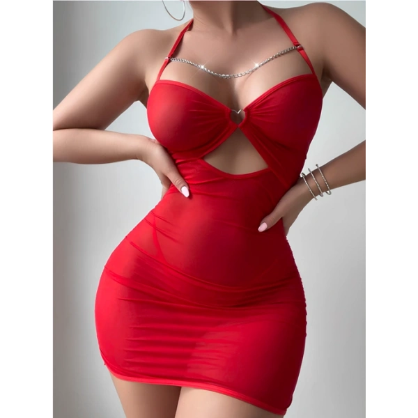 2 Parça Kırmızı Tüllü Transparan Şık Gecelik Tanga Hediyeli