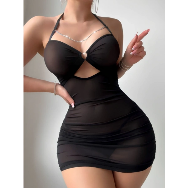 2 Parça Siyah Tüllü Transparan Şık Gecelik Tanga Hediyeli