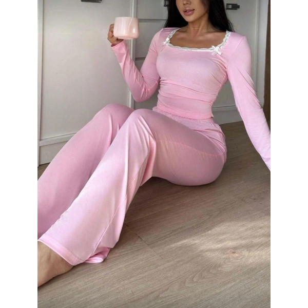 Pembe Dantelli Fiyonk Detaylı Uzun Pamuk Viskon Pijama Takımı