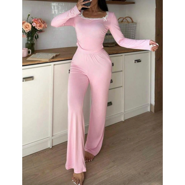 Pembe Dantelli Fiyonk Detaylı Uzun Pamuk Viskon Pijama Takımı