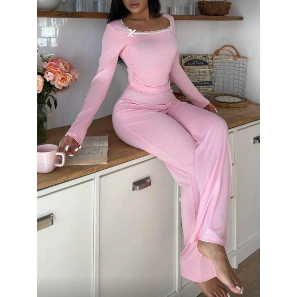 Pembe Dantelli Fiyonk Detaylı Uzun Pamuk Viskon Pijama Takımı