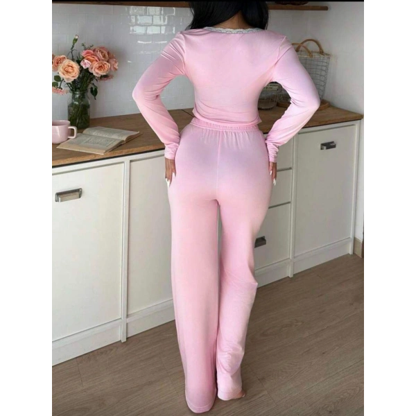Pembe Dantelli Fiyonk Detaylı Uzun Pamuk Viskon Pijama Takımı