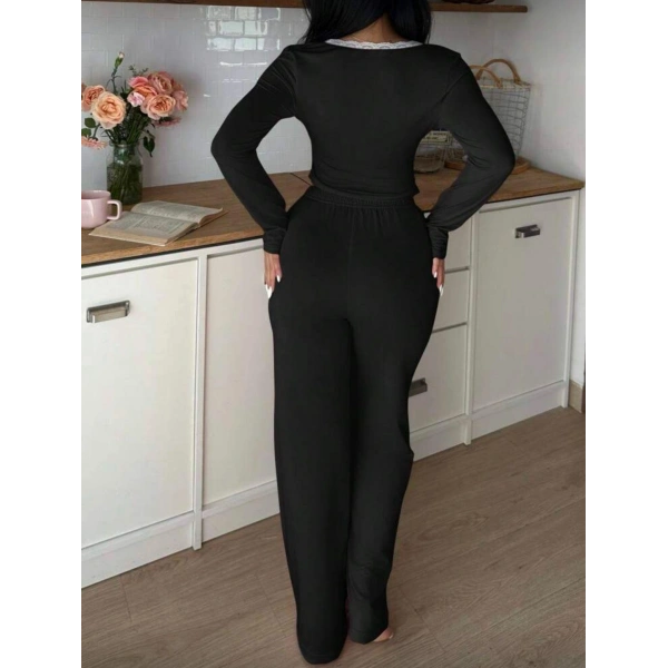 Siyah Dantelli Fiyonk Detaylı Uzun Pamuk Viskon Pijama Takımı