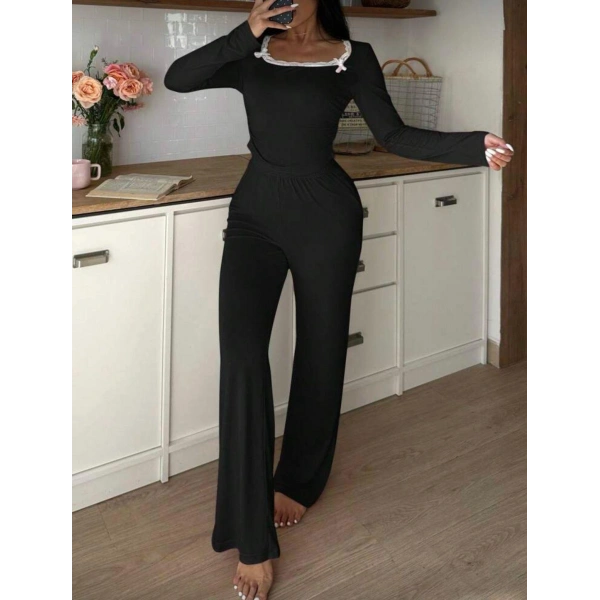 Siyah Dantelli Fiyonk Detaylı Uzun Pamuk Viskon Pijama Takımı