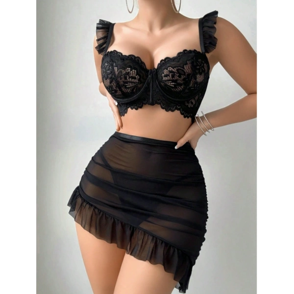 Blizard Kadın 3 Parça Siyah Dantel Detaylı Fırfırlı Gecelik Takımı Tanga Hediyeli